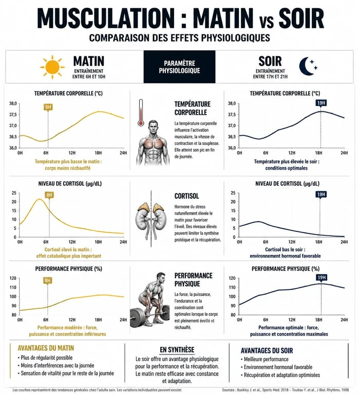 Infographie comparative des effets physiologiques de la musculation le matin et le soir sur la performance et le métabolisme