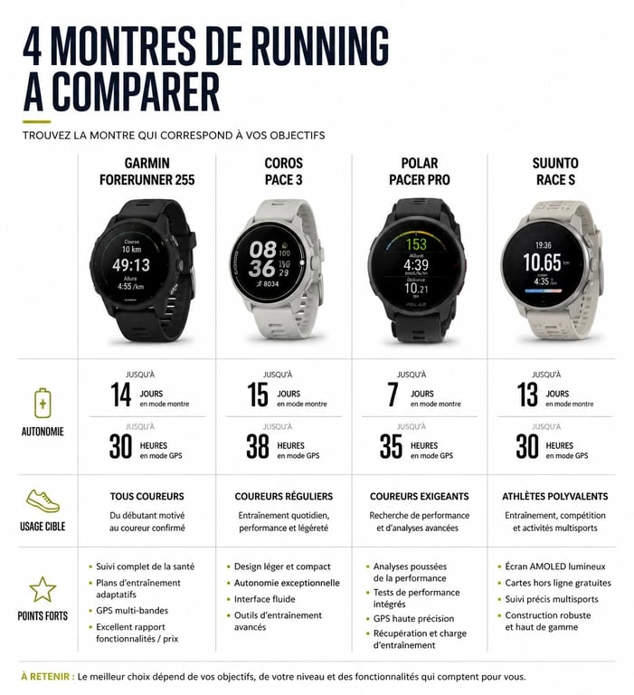 Infographie comparative des meilleures montres running GPS 2024 : Coros, Garmin et Suunto
