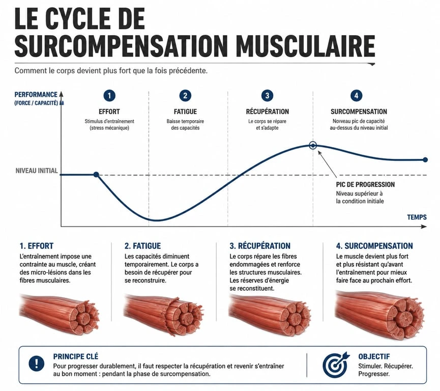 Infographie du cycle de surcompensation et récupération en musculation