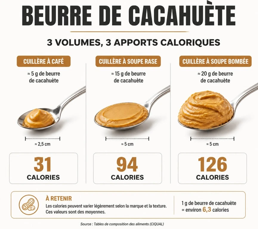 Comparaison visuelle des calories par cuillère de beurre de cacahuète