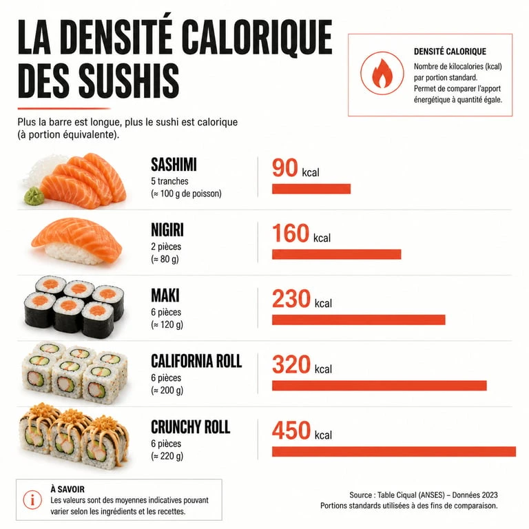 Infographie comparative des calories par type de sushi pour comprendre si les sushis font grossir