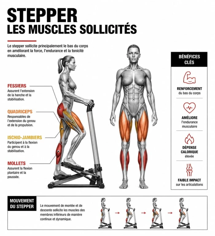 Infographie des muscles sollicités par le stepper pour des résultats optimaux