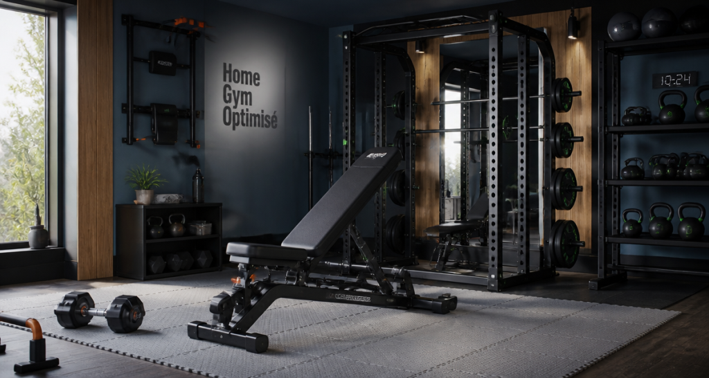 Espace home gym pour musculation avec banc et cage