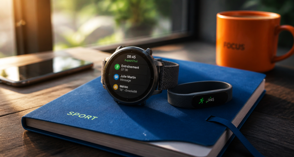 Montre connectée ou bracelet sur table en bois, carnet bleu, smartphone et tasse orange