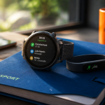 Montre connectée ou bracelet sur table en bois, carnet bleu, smartphone et tasse orange