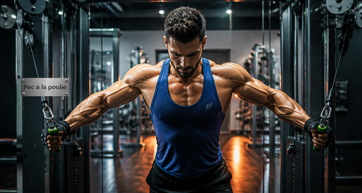 Athlète pec a la poulie vis-à-vis salle de sport