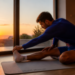 Jeune homme sport matinale étirements au lever du soleil