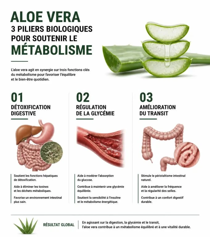 Infographie expliquant les bienfaits du jus d'aloe vera pour maigrir et son action sur le métabolisme