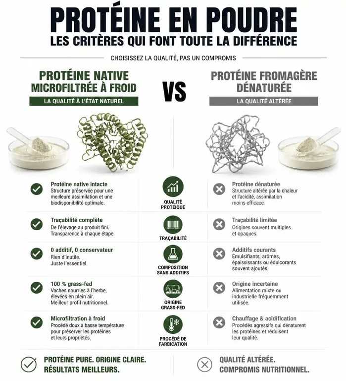 Infographie comparative des critères de qualité pour choisir la meilleure marque de protéine en poudre