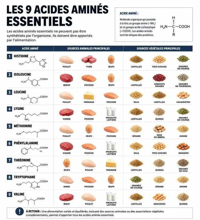 Infographie des 9 acides aminés essentiels et leurs sources alimentaires pour une alimentation équilibrée