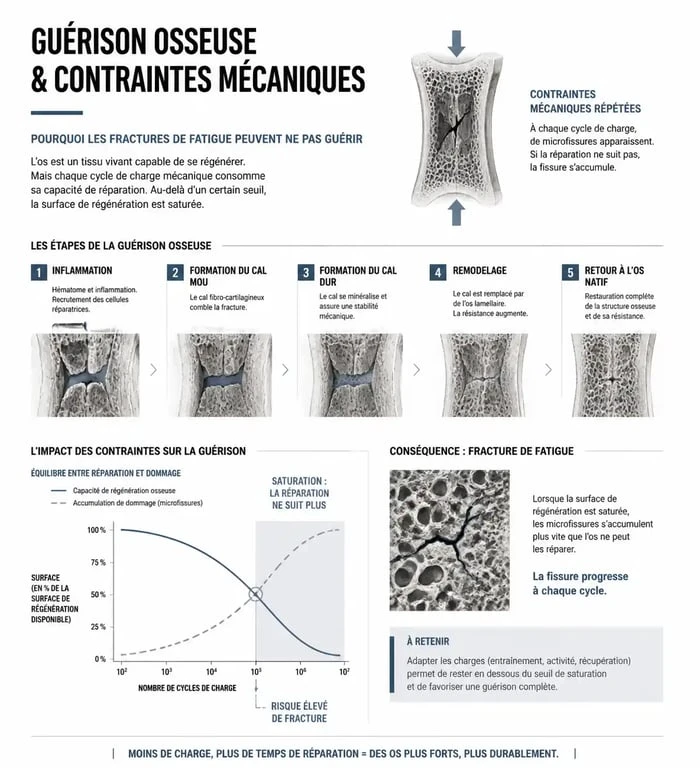 Infographie sur le processus de guérison d'une fracture de fatigue et les risques liés à l'activité professionnelle
