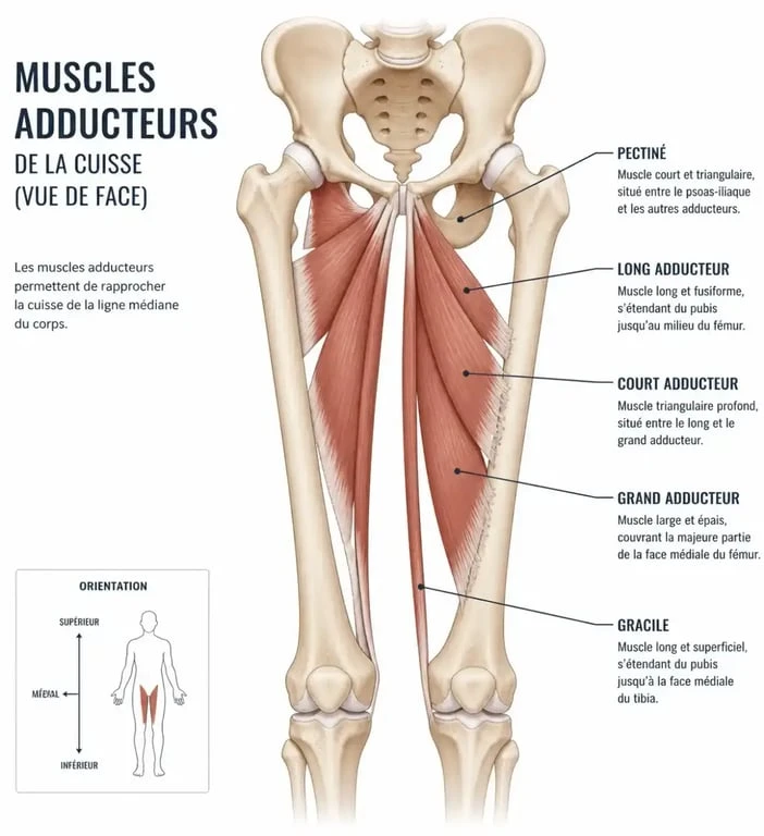 Schéma anatomique des muscles adducteurs entre les jambes