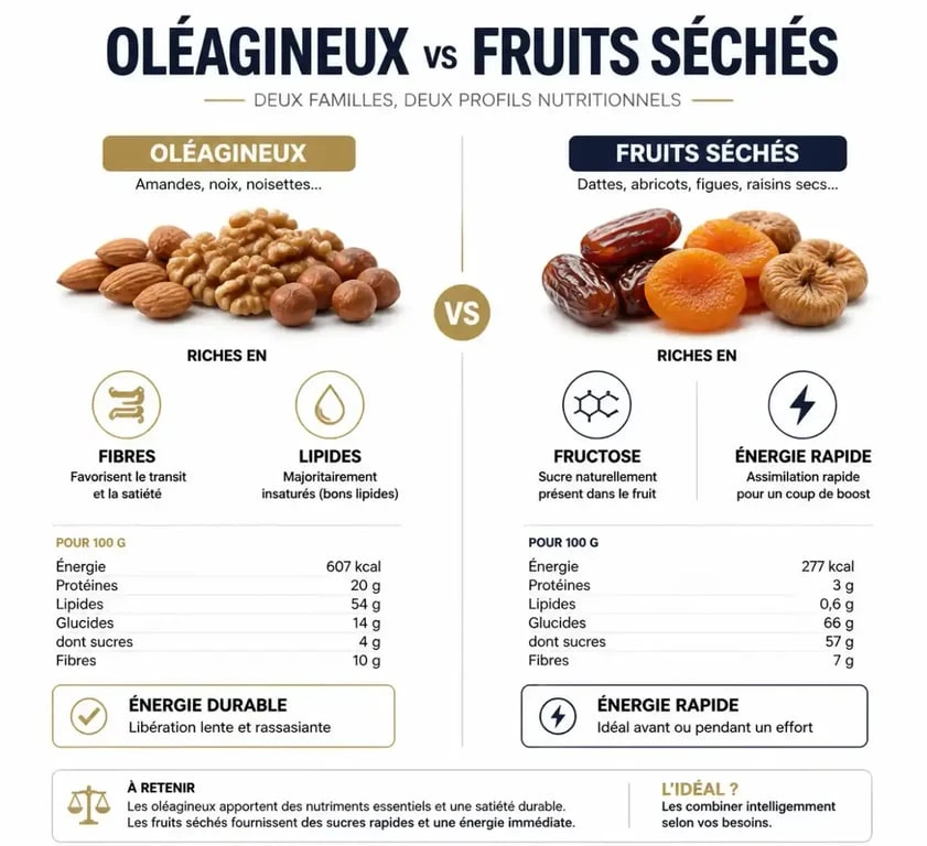 Infographie comparative des bienfaits et calories des fruits secs et oléagineux pour la gestion du poids