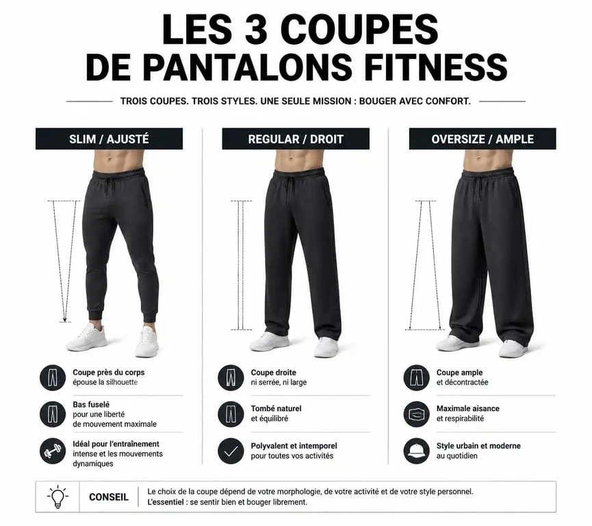 Comparatif des coupes de pantalon de musculation : Slim, Regular et Oversize pour choisir le modèle adapté à son entraînement.