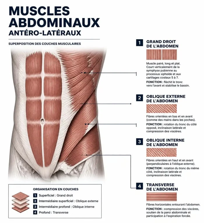 Schéma anatomique des muscles abdominaux antéro-latéraux montrant le grand droit, les obliques et le transverse