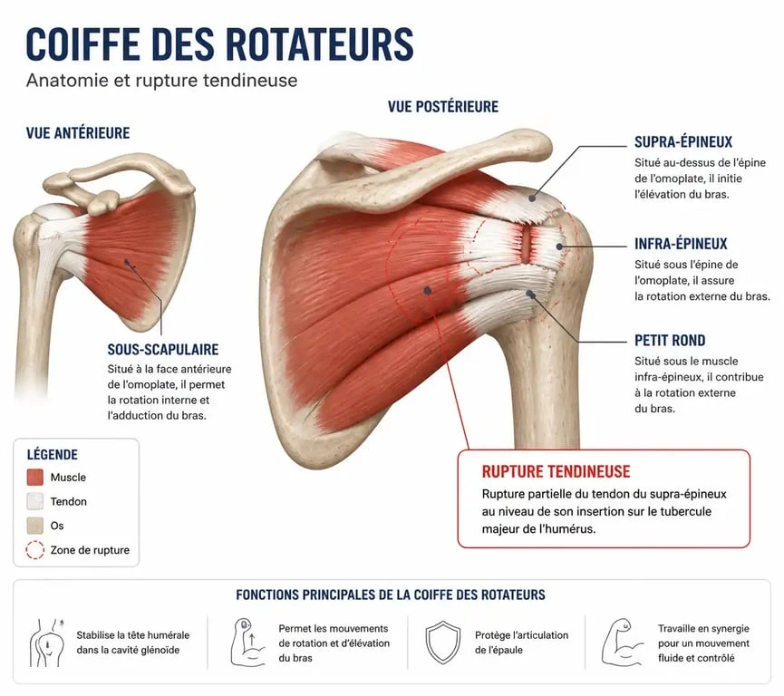 Schéma anatomique de la coiffe des rotateurs illustrant une rupture tendineuse pour comprendre la pathologie lors du travail.