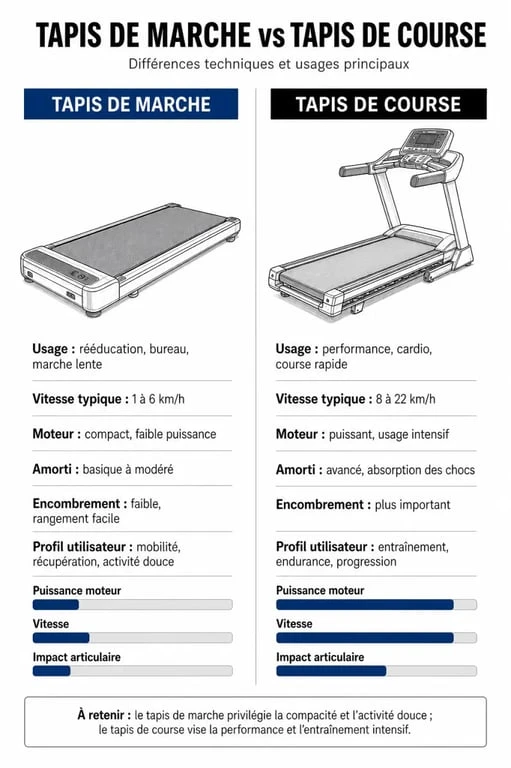 Comparatif visuel des différences entre un tapis de marche et un tapis de course pour choisir son équipement de fitness