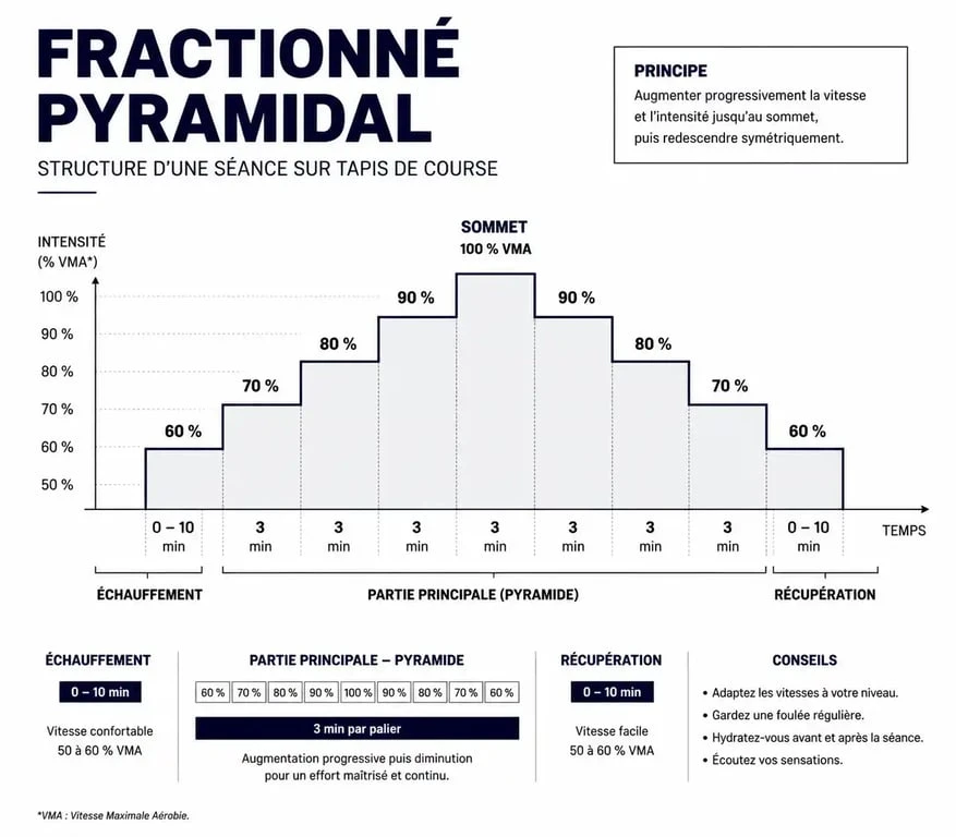 Infographie illustrant un programme pour tapis de course en fractionné pyramidal
