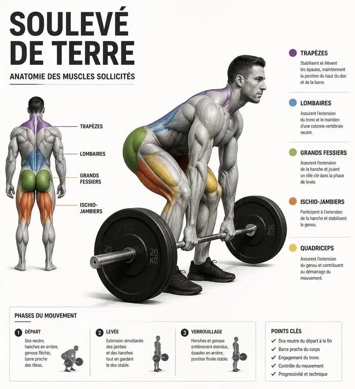 Schéma des muscles sollicités lors du soulevé de terre (deadlift)