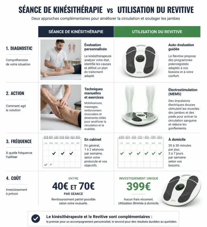 Infographie comparative : Revitive vs Kinésithérapie pour le traitement des jambes lourdes et douleurs articulaires