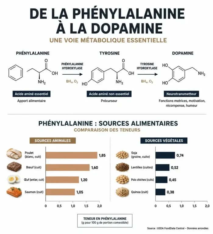 Infographie sur les sources alimentaires de phénylalanine et son rôle métabolique dans l'organisme