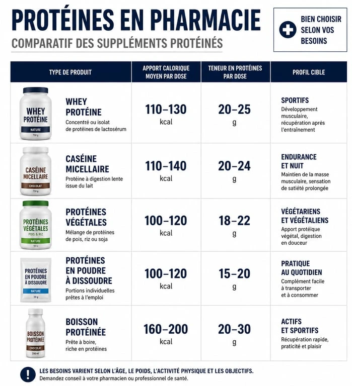 Tableau comparatif des protéines pour grossir en pharmacie : apports caloriques et nutritionnels par type de complément