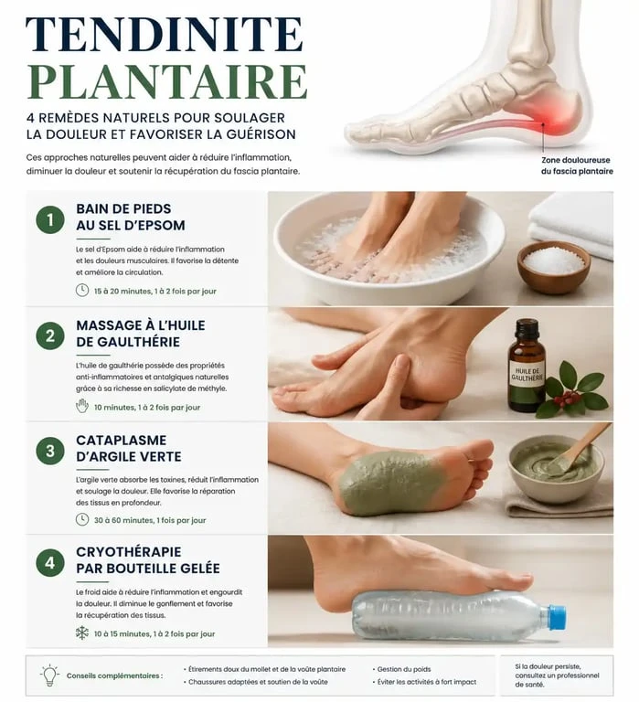 Infographie des remèdes naturels pour soulager une tendinite sous le pied