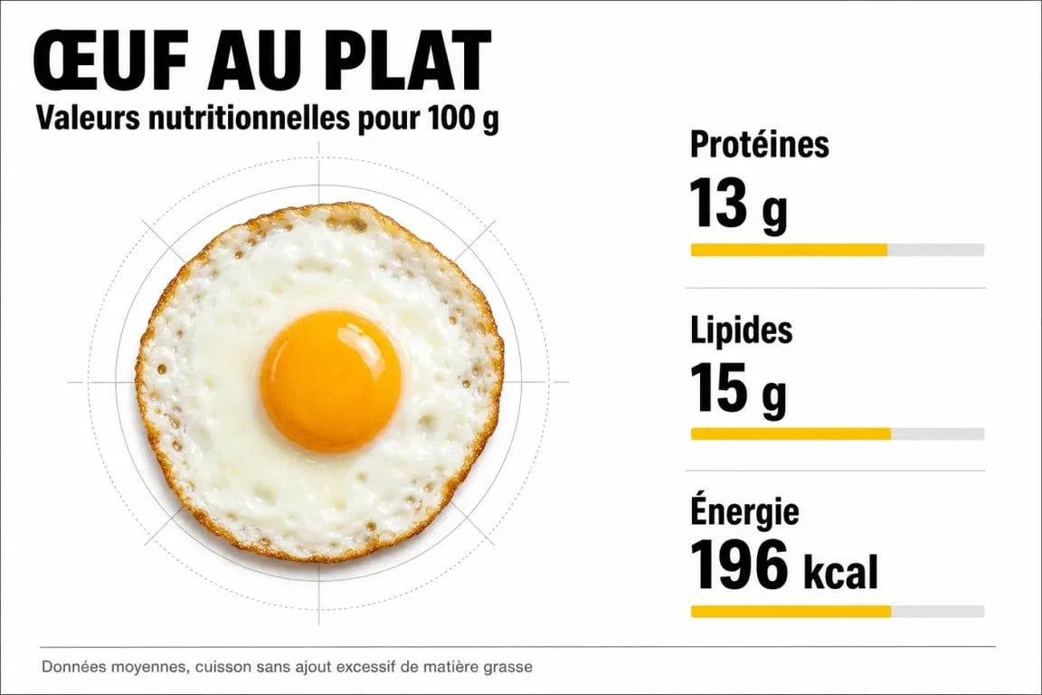Infographie nutritionnelle sur la teneur en protéines et calories des œufs au plat