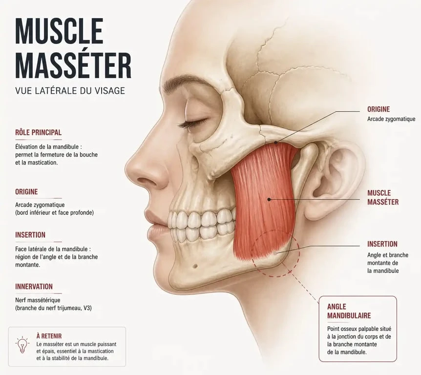 Schéma anatomique du muscle masséter pour comprendre comment se muscler la mâchoire efficacement