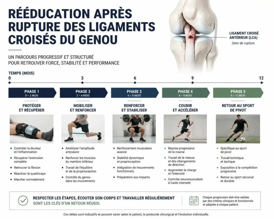 Infographie des phases de récupération après une rupture des ligaments croisés du genou