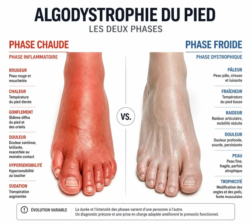 Infographie comparative des phases chaude et froide de l'algodystrophie du pied