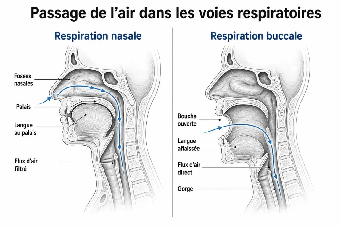 Schéma comparatif expliquant pourquoi je dors la bouche ouverte et les différences entre respiration nasale et buccale