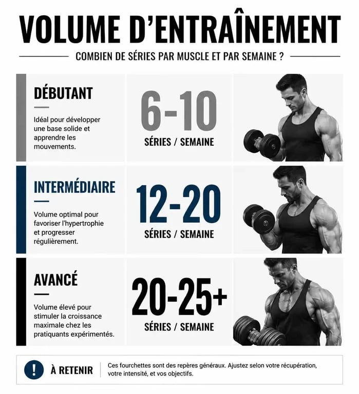 Infographie des recommandations de séries par muscle et par semaine selon le niveau en musculation
