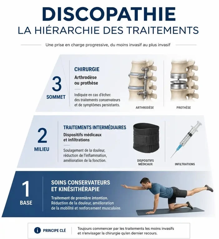 Infographie des étapes du traitement de la discopathie lombaire et cervicale