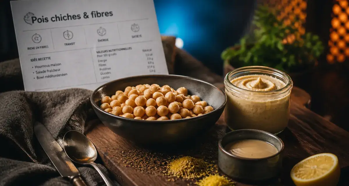 Les bienfaits des pois chiches : bol de pois chiches, houmous, tahini et graines de cumin