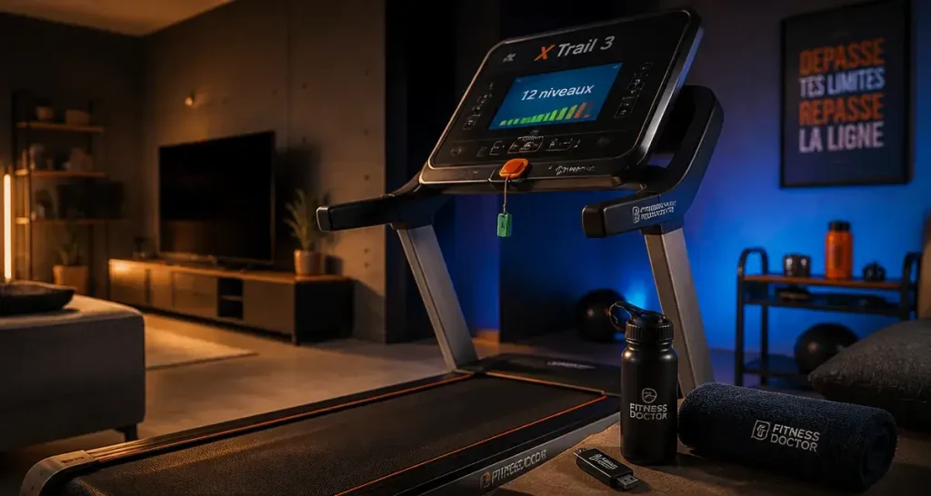 Tapis de course fitness doctor dans un salon, indice réparabilité 8,1