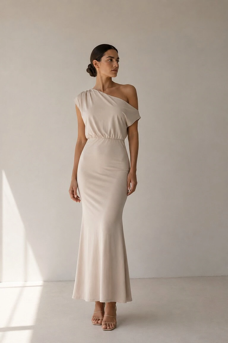 Vestido largo beige asimetrico | Stylicious (8)