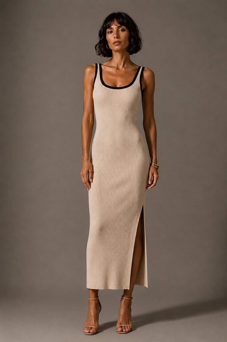 Vestido de punto beige y negro | Stylicious (2)