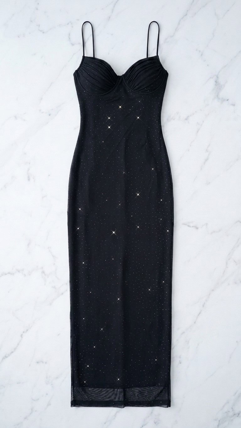 Vestido negro con brillo de fiesta | Stylicious packshot.