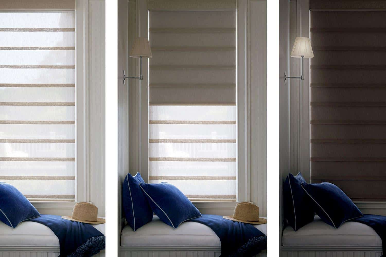 Beautiful window shades with varying patterns and colors for modern interior decor.