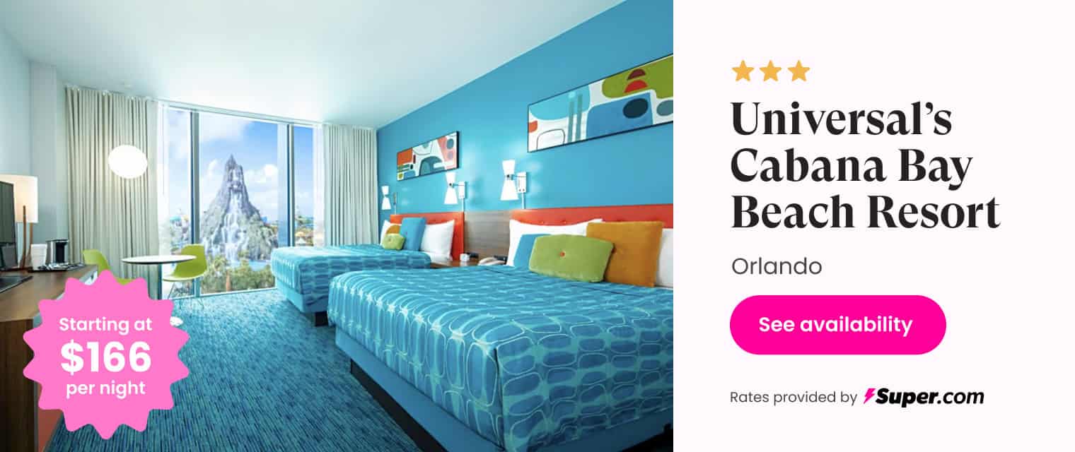 Bright hotel room with ocean view at Universal's Cabana Bay Beach Resort, Orlando.