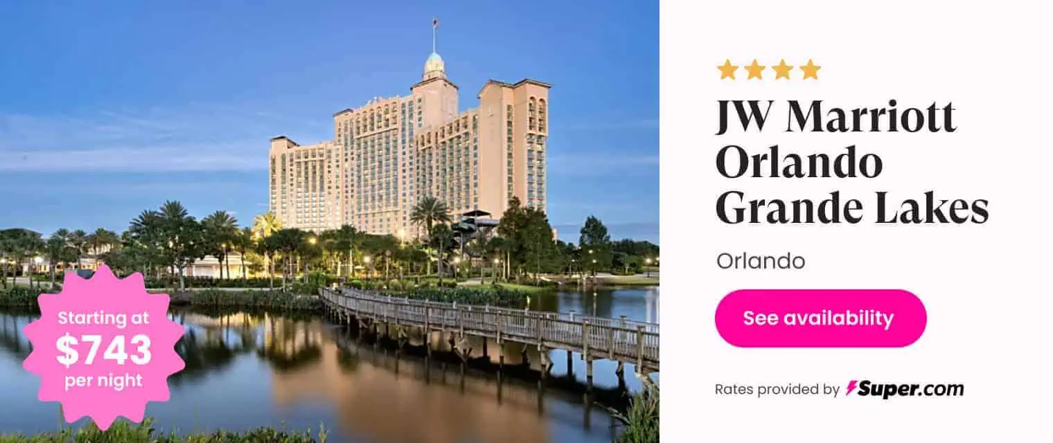 JW Marriott Orlando Grande Lakes hotel, luxury accommodations near Orlando attractions, starting at $743 per night.