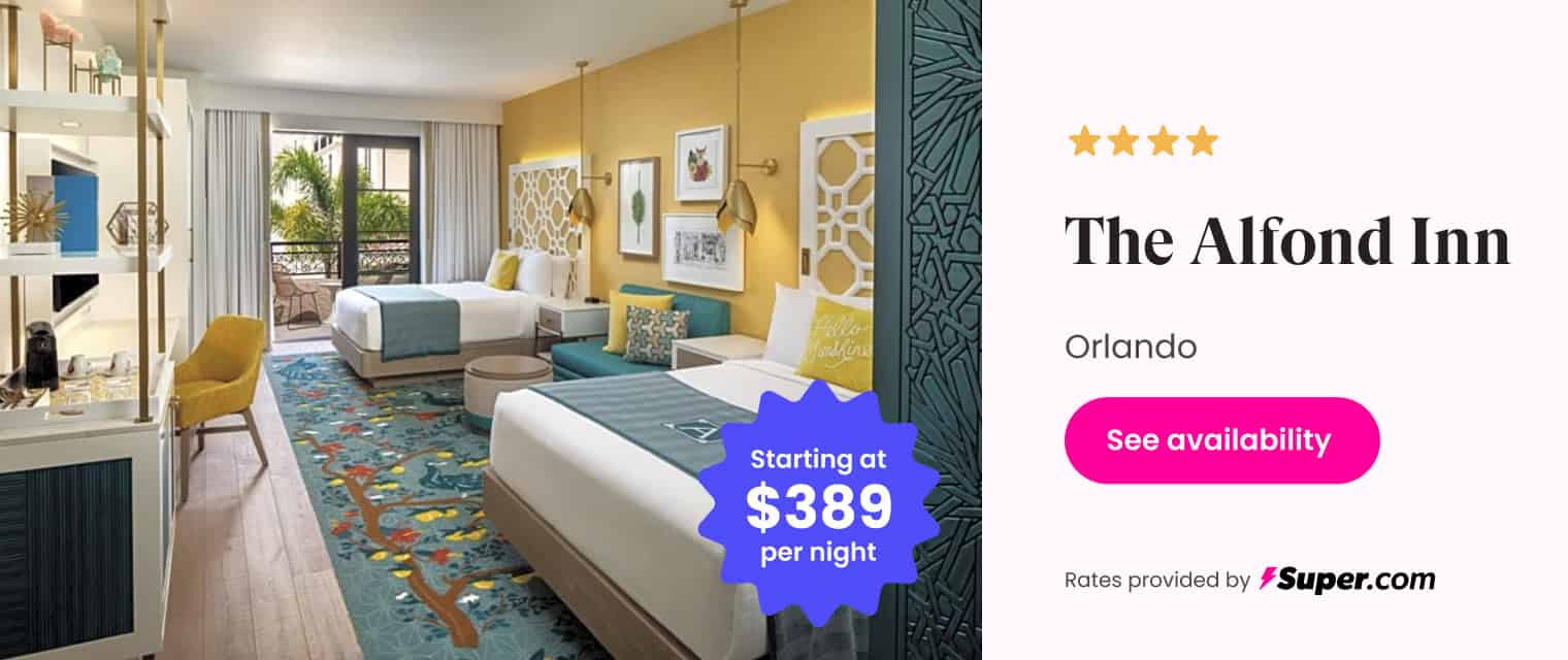 Luxury hotel room in Orlando featuring modern decor and vibrant accents.