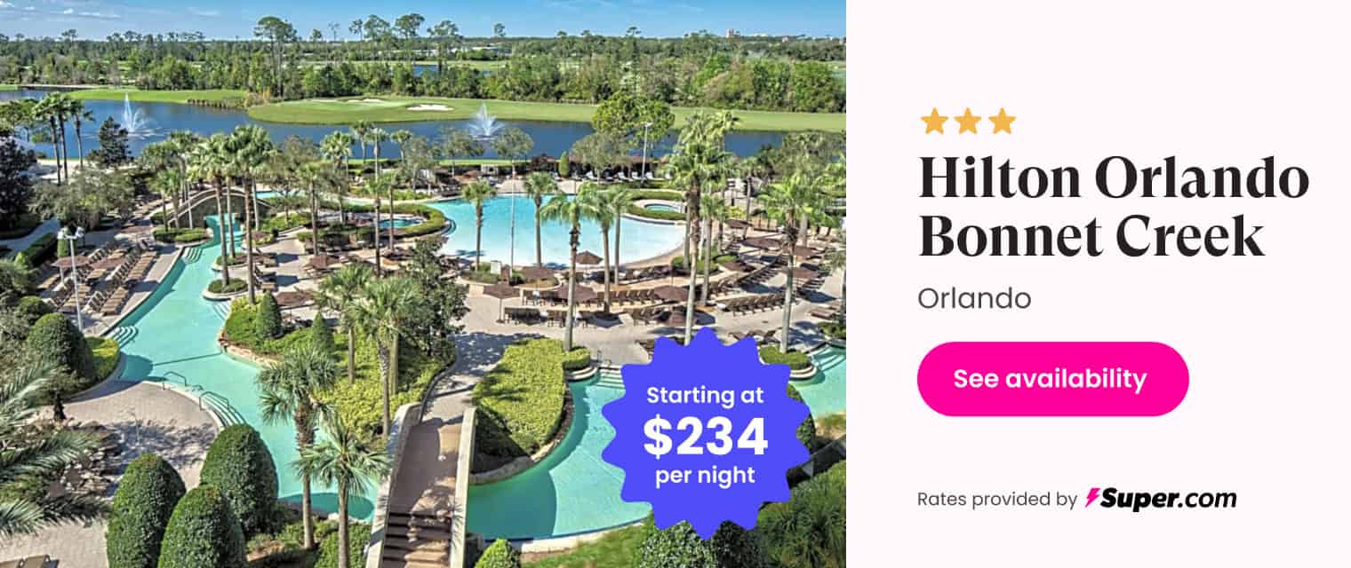 Lush Orlando hotel with pools, golf course, and tropical gardens near Bonnet Creek.
