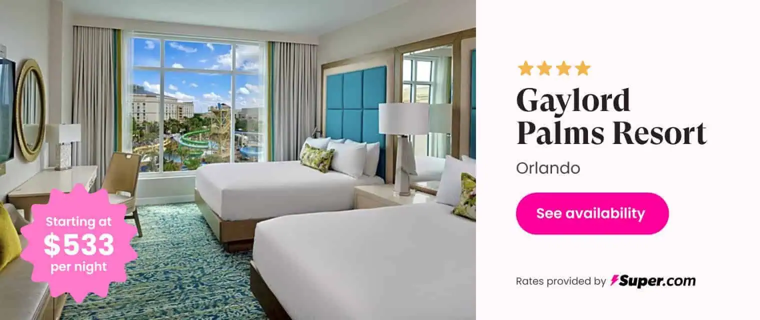 Modern hotel room at Gaylord Palms Resort with balcony and view of water park, Orlando.