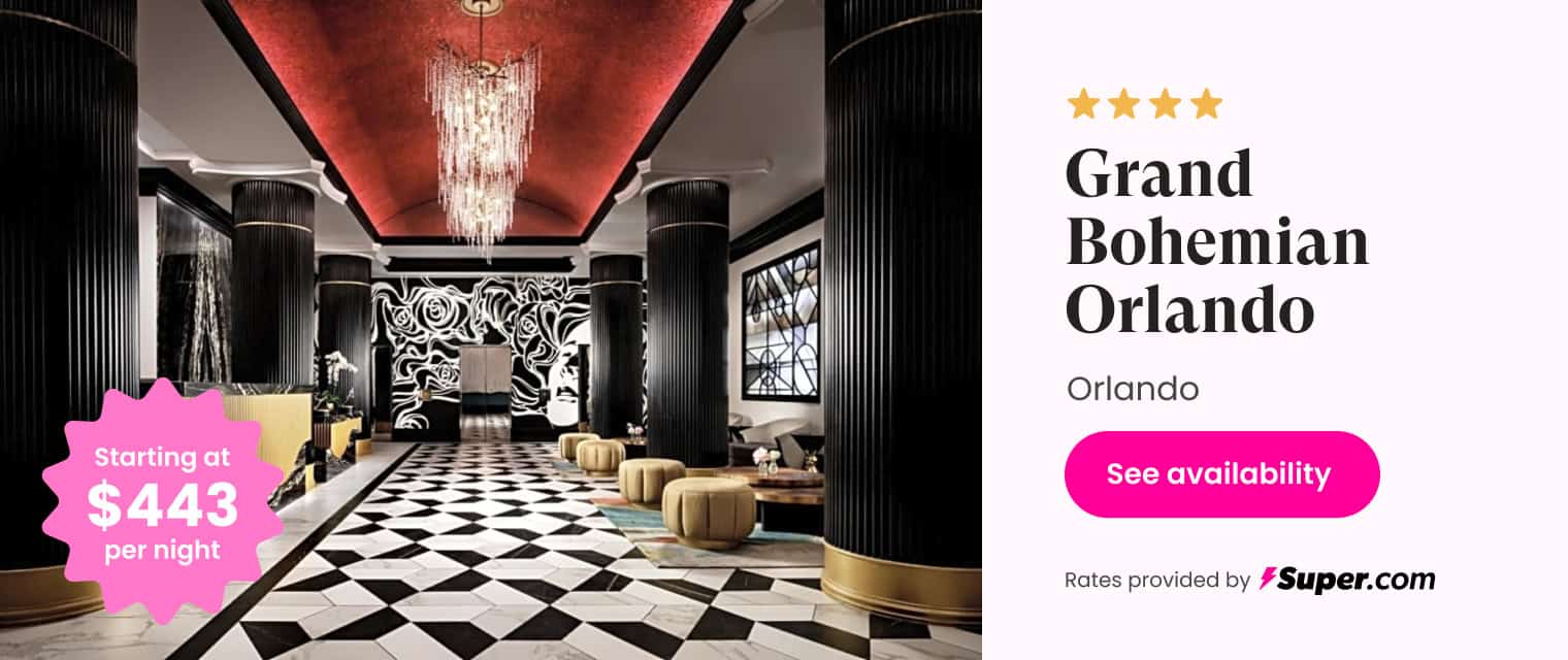 Luxurious hotel lobby in Orlando, featuring elegant black and white interior with modern decor.
