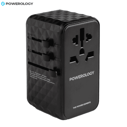 Powerology 65W Universal Travel Adapter GaN with 3 USB-C and 2 USB-A ports black design