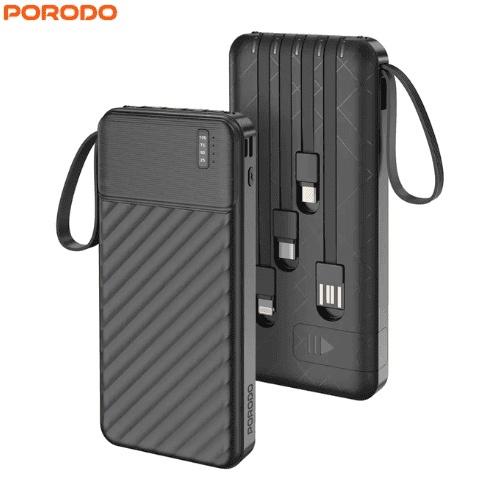 Porodo PDPBJ33 10000mAh power bank front and back view with built-in cables