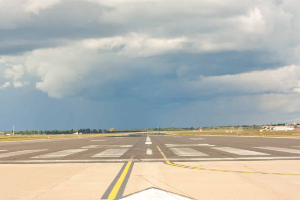 A panoramic photo of an airport runway.