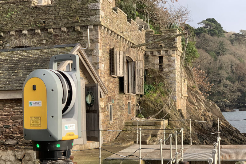 total station at inverdant boat house conducting a measured building survey
